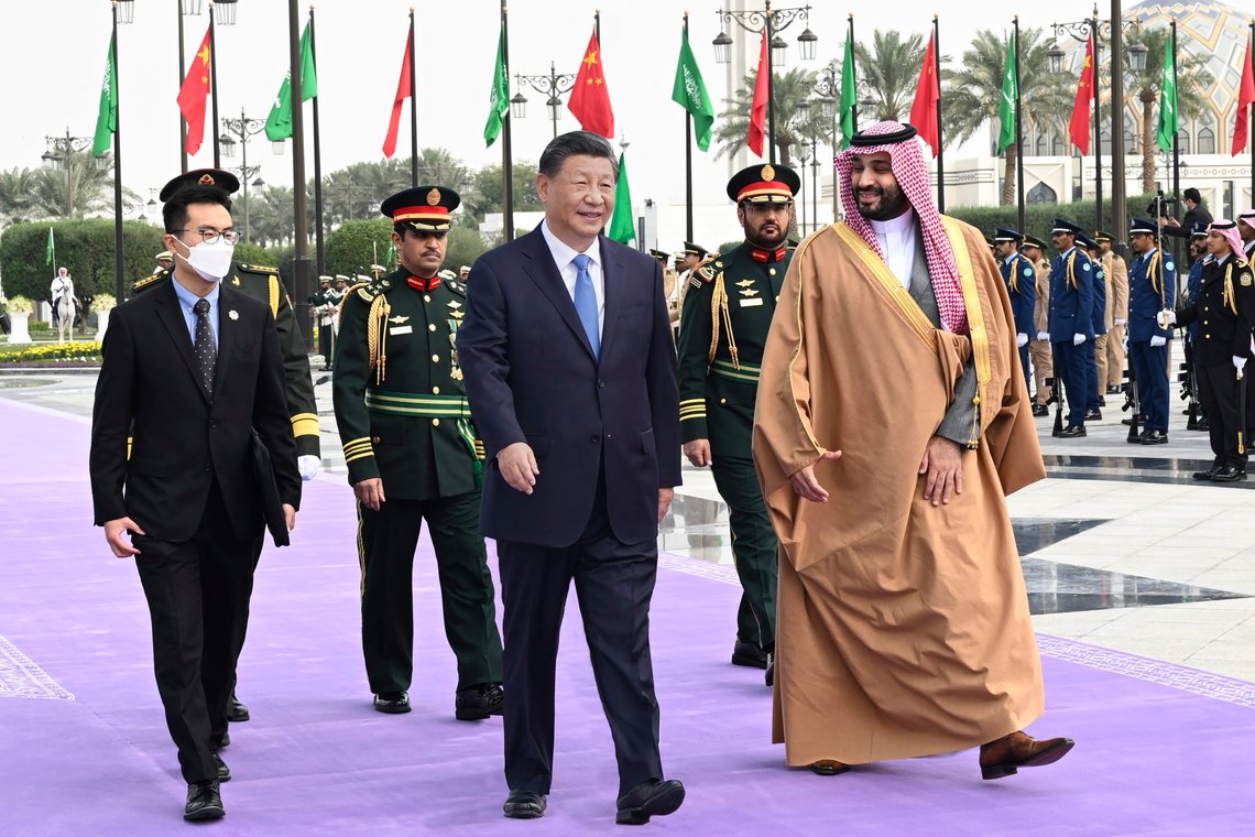 In this photo released by Xinhua News Agency, Chinese President Xi Jinping, who is paying a state visit to Saudi Arabia, attends a welcoming ceremony with Saudi Crown Prince and Prime Minister Mohammed bin Salmanat at the royal palace in Riyadh, Saudi Arabia, Dec. 8, 2022. Gulf Arab leaders and others in the Mideast met Friday in Saudi Arabia as part of a state visit by Chinese leader Xi Jinping, seeking to firm up their relations with Beijing as decades of U.S. attention on the region wanes. (Xie Huanchi/Xinhua via AP) In this photo released by Xinhua News Agency, Chinese President Xi Jinping, who is paying a state visit to Saudi Arabia, attends a welcoming ceremony with Saudi Crown Prince and Prime Minister Mohammed bin Salmanat at the royal palace in Riyadh, Saudi Arabia, Dec. 8, 2022. Gulf Arab leaders and others in the Mideast met Friday in Saudi Arabia as part of a state visit by Chinese leader Xi Jinping, seeking to firm up their relations with Beijing as decades of U.S. attention on the region wanes. (Xie Huanchi/Xinhua via AP)