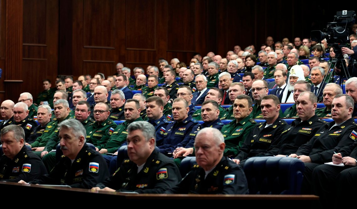 Russian senior military officers attend a meeting with Russian President Vladimir Putin in Moscow, Russia, Wednesday, Dec. 21, 2022. (Mikhail Klimentyev, Sputnik, Kremlin Pool Photo via AP) Russian senior military officers attend a meeting with Russian President Vladimir Putin in Moscow, Russia, Wednesday, Dec. 21, 2022. (Mikhail Klimentyev, Sputnik, Kremlin Pool Photo via AP)