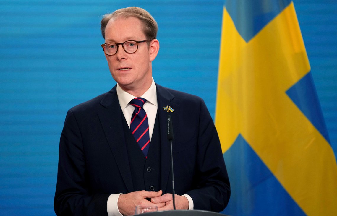 The Foreign Minister of Sweden, Tobias Billstrom, addresses the media during a joint press conference with German Foreign Minister Annalena Baerbock in Berlin, Germany, Thursday, Nov. 10, 2022. (AP Photo/Michael Sohn) The Foreign Minister of Sweden, Tobias Billstrom, addresses the media during a joint press conference with German Foreign Minister Annalena Baerbock in Berlin, Germany, Thursday, Nov. 10, 2022. (AP Photo/Michael Sohn)