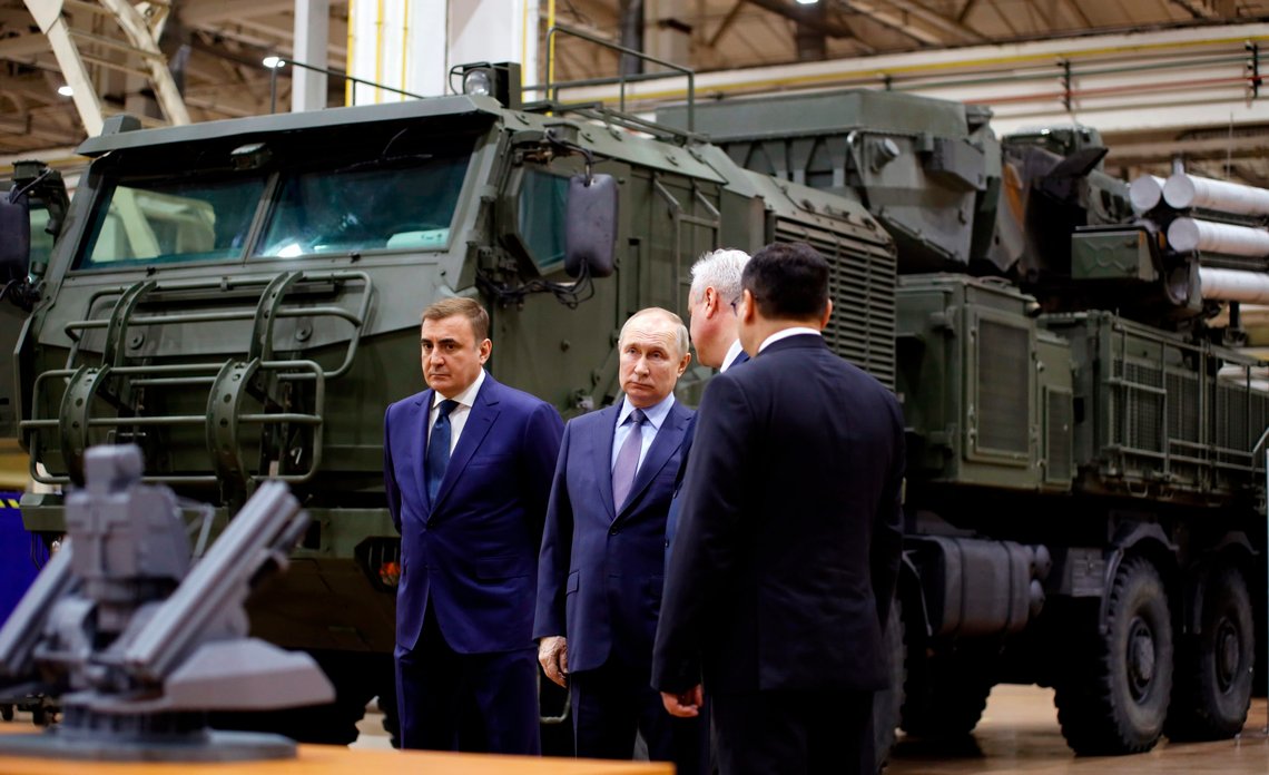 Russian President Vladimir Putin, second left, Tula Region governor Alexei Dyumin, left, and Alexei Visloguzov, general director of Shcheglovsky, second right, Val visit the Defense Company Shcheglovsky Val inspecting military products in Tula, Russia, Friday, Dec. 23, 2022. (Russian Presidential Press Office, Sputnik Pool Photo via AP) Russian President Vladimir Putin, second left, Tula Region governor Alexei Dyumin, left, and Alexei Visloguzov, general director of Shcheglovsky, second right, Val visit the Defense Company Shcheglovsky Val inspecting military products in Tula, Russia, Friday, Dec. 23, 2022. (Russian Presidential Press Office, Sputnik Pool Photo via AP)