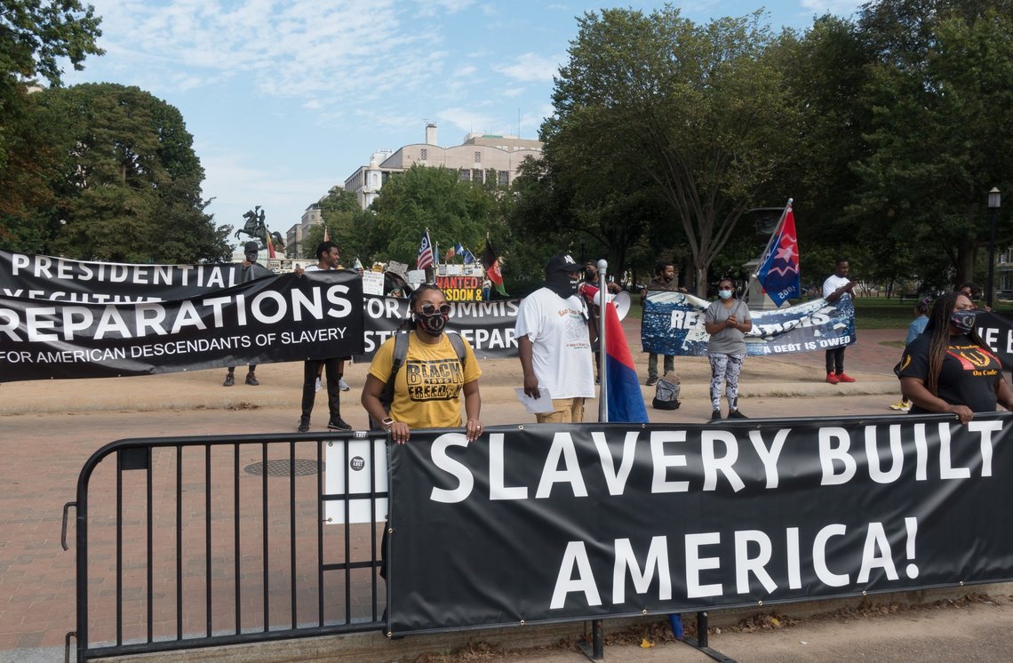 WASHINGTON, DC - OCT. 16, 2021: Activists demonstrate at White House demanding Pres. Biden sign an executive order to study reparations, and establish a commission for descendants of American slavery. Photo: Bob Corn WASHINGTON, DC - OCT. 16, 2021: Activists demonstrate at White House demanding Pres. Biden sign an executive order to study reparations, and establish a commission for descendants of American slavery. Photo: Bob Corn