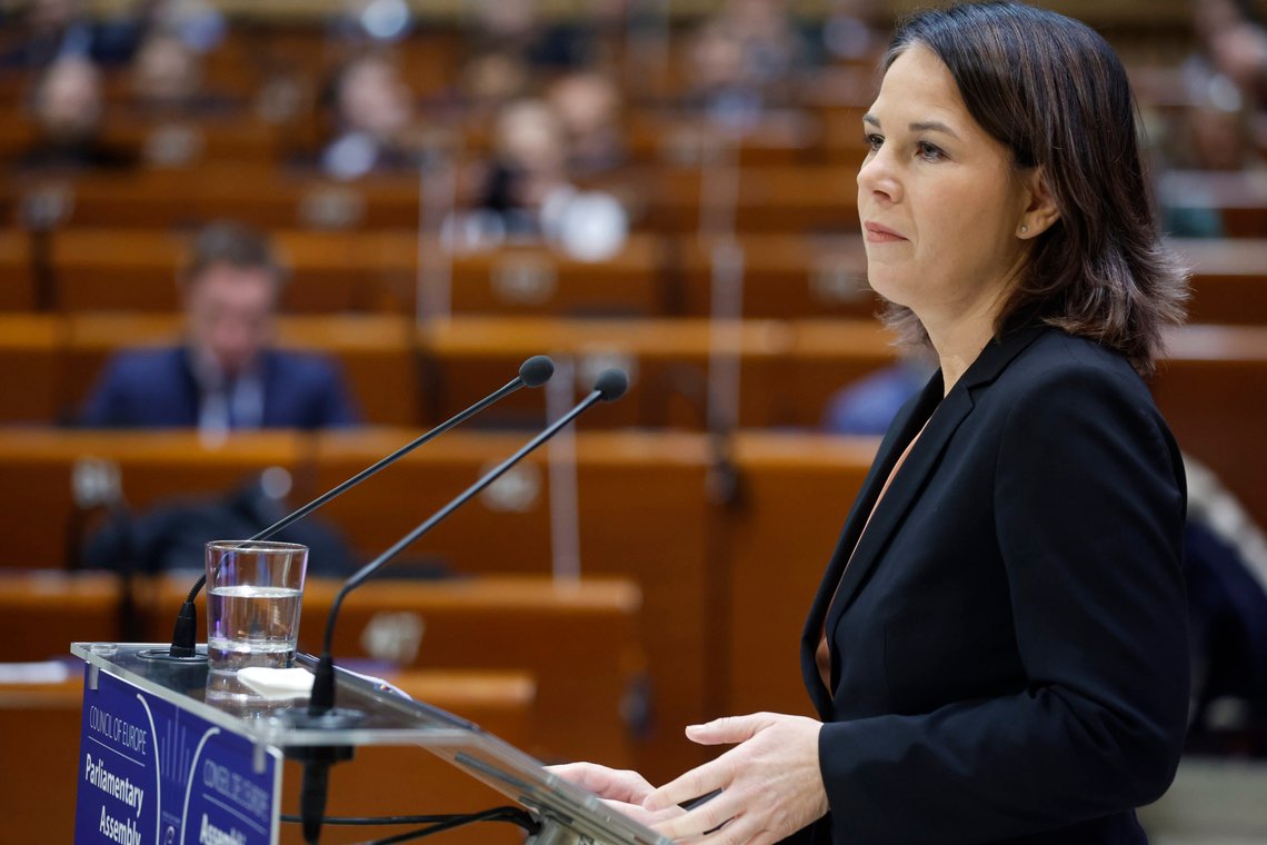 Germany's Foreign Minister Annalena Baerbock addresses the Parliamentary Assembly of the 46-nation Council of Europe Tuesday, Jan. 24, 2023 in Strasbourg, eastern France. (AP Photo/Jean-Francois Badias) Germany's Foreign Minister Annalena Baerbock addresses the Parliamentary Assembly of the 46-nation Council of Europe Tuesday, Jan. 24, 2023 in Strasbourg, eastern France. (AP Photo/Jean-Francois Badias)