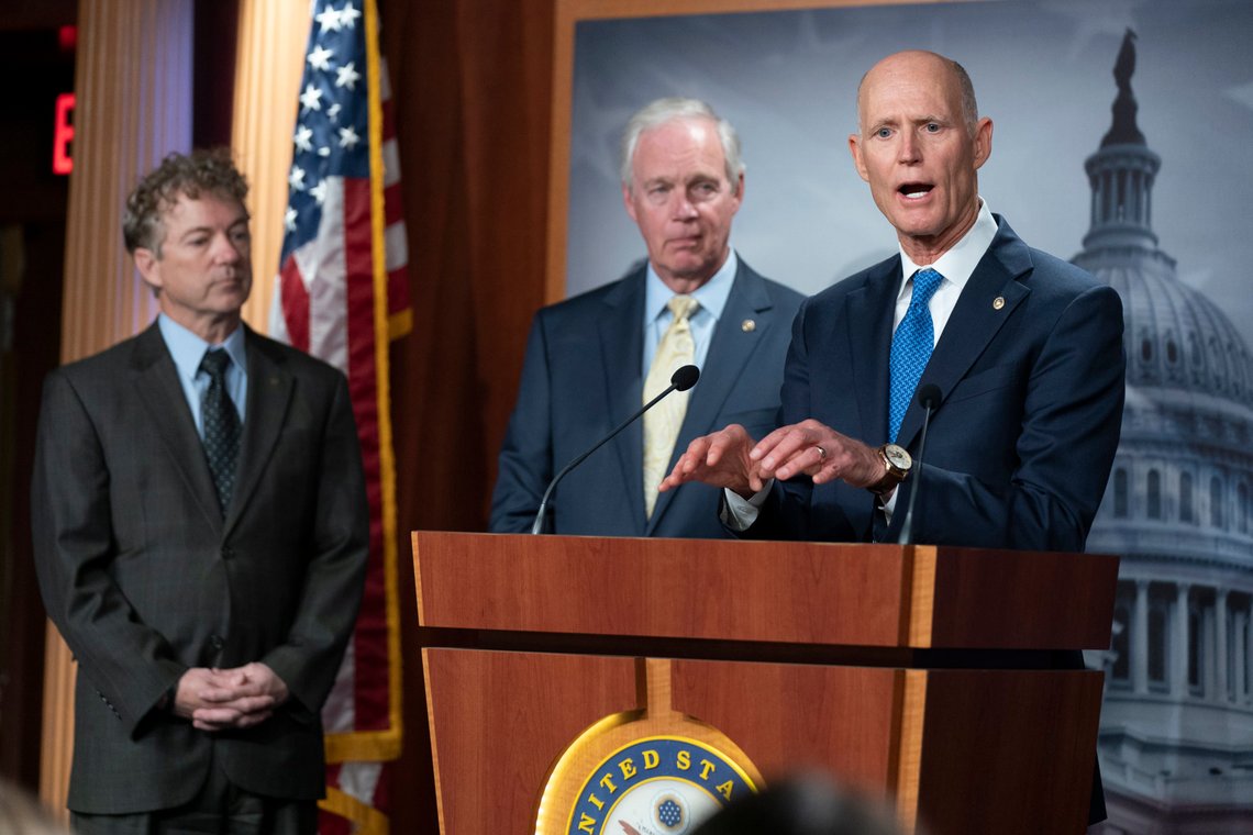 Sens. Rick Scott, R-Fla.,, from right, with Sens. Ron Johnson, R-Wis., and Rand Paul, R-Ky., talks about debt ceiling during a news conference on Capitol Hill in Washington, Wednesday, Jan. 25, 2023. (AP Photo/Manuel Balce Ceneta) Sens. Rick Scott, R-Fla.,, from right, with Sens. Ron Johnson, R-Wis., and Rand Paul, R-Ky., talks about debt ceiling during a news conference on Capitol Hill in Washington, Wednesday, Jan. 25, 2023. (AP Photo/Manuel Balce Ceneta)