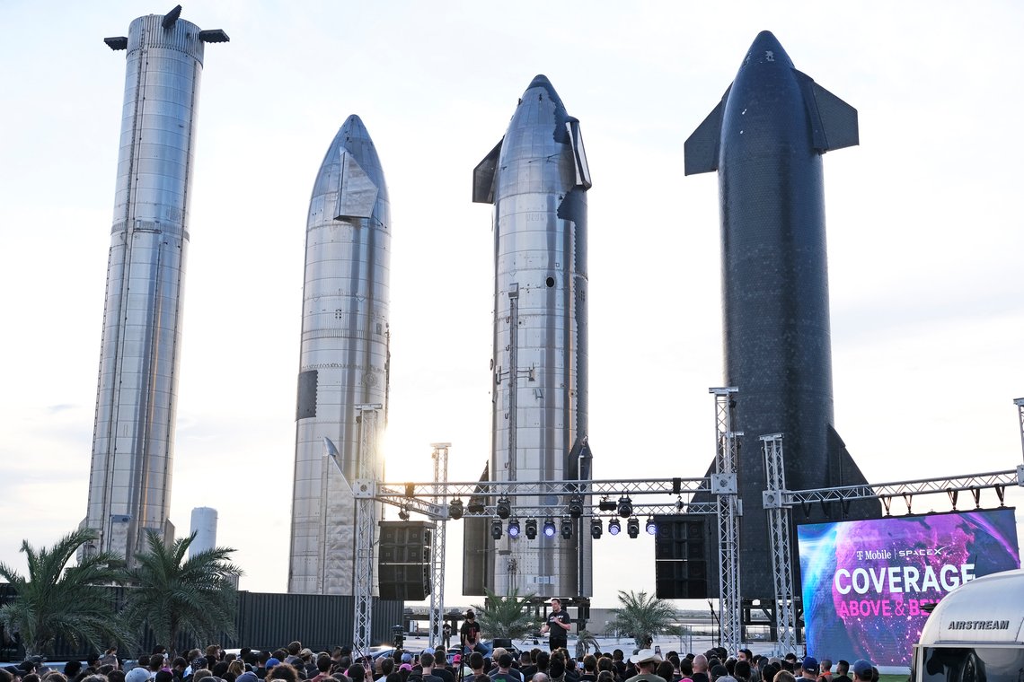 SpaceX CEO Elon Musk speaks to a large crowd Thursday, Aug 25, 2022, at SpaceX Starbase facility in South Texas near Boca Chica Beach as T-Mobile CEO Mike Sievert and Musk provide an announcement update of both companies working together to increase connectivity composed of Starlink satellites that use T-Mobile's mid-band spectrum nationwide. (Miguel Roberts/The Brownsville Herald via AP) SpaceX CEO Elon Musk speaks to a large crowd Thursday, Aug 25, 2022, at SpaceX Starbase facility in South Texas near Boca Chica Beach as T-Mobile CEO Mike Sievert and Musk provide an announcement update of both companies working together to increase connectivity composed of Starlink satellites that use T-Mobile's mid-band spectrum nationwide. (Miguel Roberts/The Brownsville Herald via AP)