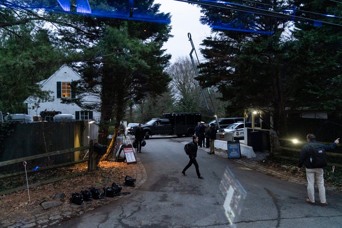 The access road to President Joe Biden's home in Wilmington, Del., is seen from the media van Friday, Jan. 13, 2023. (AP Photo/Carolyn Kaster) The access road to President Joe Biden's home in Wilmington, Del., is seen from the media van Friday, Jan. 13, 2023. (AP Photo/Carolyn Kaster)