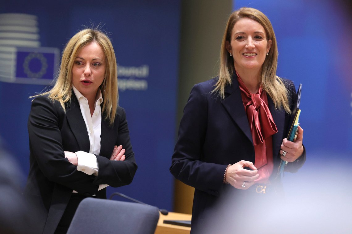 Italy's Prime Minister Giorgia Meloni, left, speaks with European Parliament President Roberta Metsola during a round table meeting at an EU summit in Brussels, Thursday, Dec. 15, 2022. EU leaders meet for a one day summit on Thursday to discuss Ukraine and further measures to contain energy prices hikes in the European Union. (AP Photo/Olivier Matthys) Italy's Prime Minister Giorgia Meloni, left, speaks with European Parliament President Roberta Metsola during a round table meeting at an EU summit in Brussels, Thursday, Dec. 15, 2022. EU leaders meet for a one day summit on Thursday to discuss Ukraine and further measures to contain energy prices hikes in the European Union. (AP Photo/Olivier Matthys)