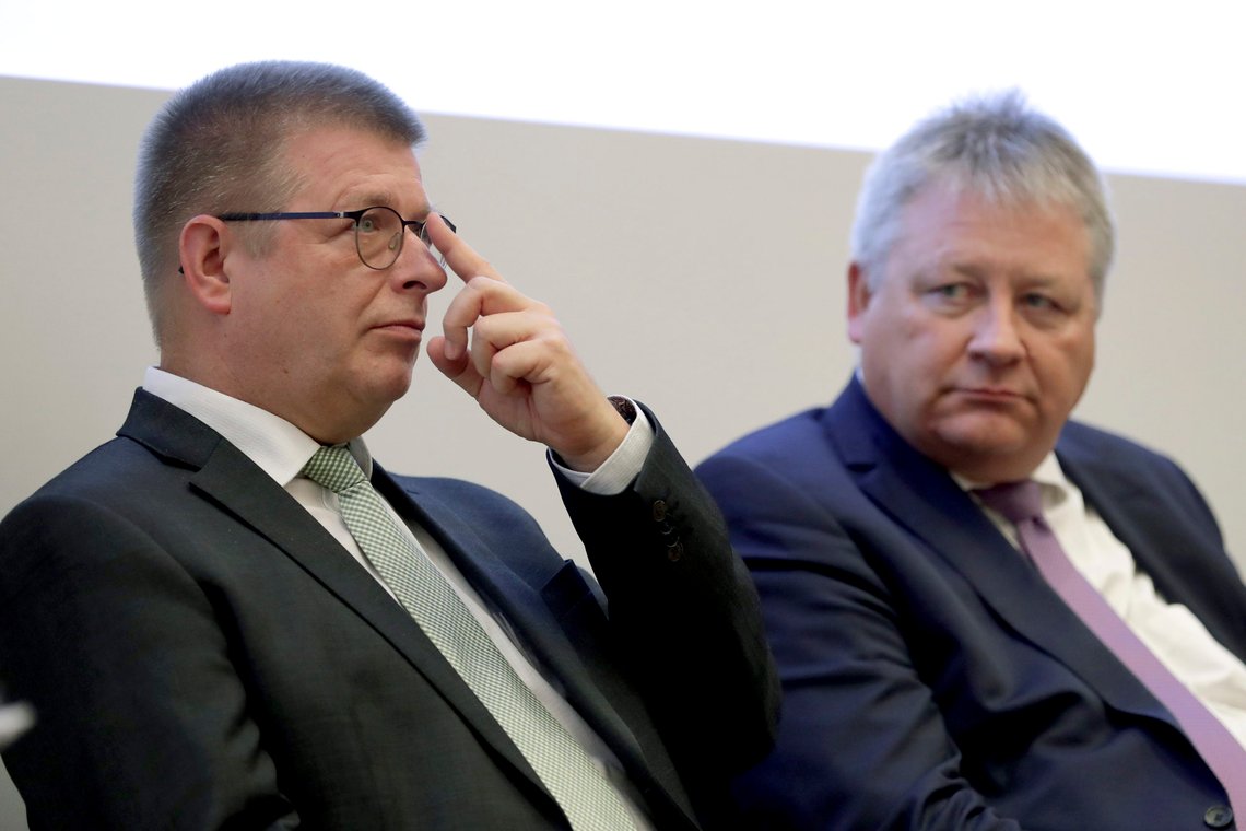 Bruno Kahl, right, head of the German Federal Intelligence Service, and Thomas Haldenwang, left, head of the German Federal Office for the Protection of the Constitution, attend the opening of a center for advanced education at the Federal Intelligence Service (BND) in Berlin, Germany, Tuesday, Nov. 12, 2019. Germany's intelligence agencies are inaugurating a joint spy school in the heart of Berlin, a city that was dubbed the 'capital of spies' during the Cold War and remains a hotspot of espionage.(AP Photo/Michael Sohn) Bruno Kahl, right, head of the German Federal Intelligence Service, and Thomas Haldenwang, left, head of the German Federal Office for the Protection of the Constitution, attend the opening of a center for advanced education at the Federal Intelligence Service (BND) in Berlin, Germany, Tuesday, Nov. 12, 2019. Germany's intelligence agencies are inaugurating a joint spy school in the heart of Berlin, a city that was dubbed the 'capital of spies' during the Cold War and remains a hotspot of espionage.(AP Photo/Michael Sohn)