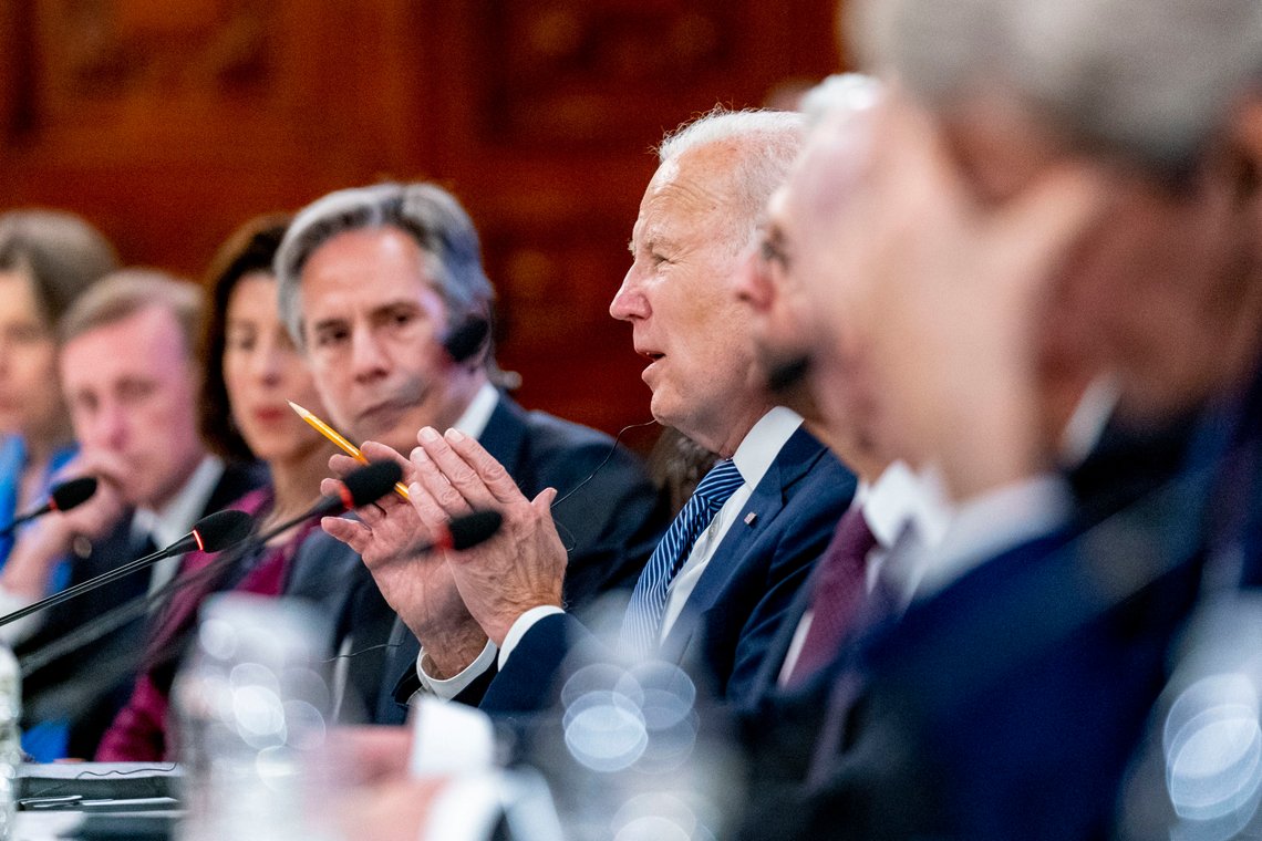 President Joe Biden, accompanied by Secretary of State Antony Blinken, center left, speaks during a meeting with Mexican President Andres Manuel Lopez Obrador at the National Palace in Mexico City, Mexico, Monday, Jan. 9, 2023. (AP Photo/Andrew Harnik) President Joe Biden, accompanied by Secretary of State Antony Blinken, center left, speaks during a meeting with Mexican President Andres Manuel Lopez Obrador at the National Palace in Mexico City, Mexico, Monday, Jan. 9, 2023. (AP Photo/Andrew Harnik)