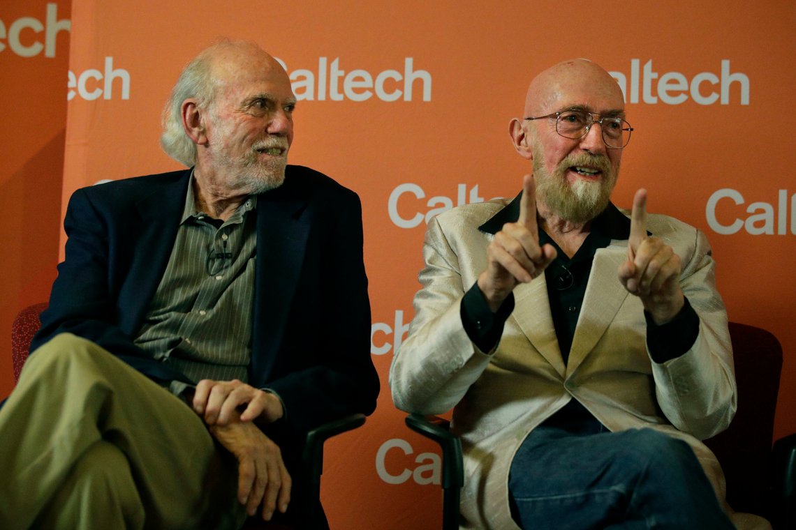 Scientist Barry Barish, left, listens as his colleague Kip Thorne answers questions from the media during a news conference Tuesday, Oct. 3, 2017, in Pasadena, Calif. Barish and Thorne won the Nobel Physics Prize on Tuesday for detecting faint ripples flying through the universe, the gravitational waves predicted a century ago by Albert Einstein that provide a new understanding of the universe. (AP Photo/Jae C. Hong) Scientist Barry Barish, left, listens as his colleague Kip Thorne answers questions from the media during a news conference Tuesday, Oct. 3, 2017, in Pasadena, Calif. Barish and Thorne won the Nobel Physics Prize on Tuesday for detecting faint ripples flying through the universe, the gravitational waves predicted a century ago by Albert Einstein that provide a new understanding of the universe. (AP Photo/Jae C. Hong)