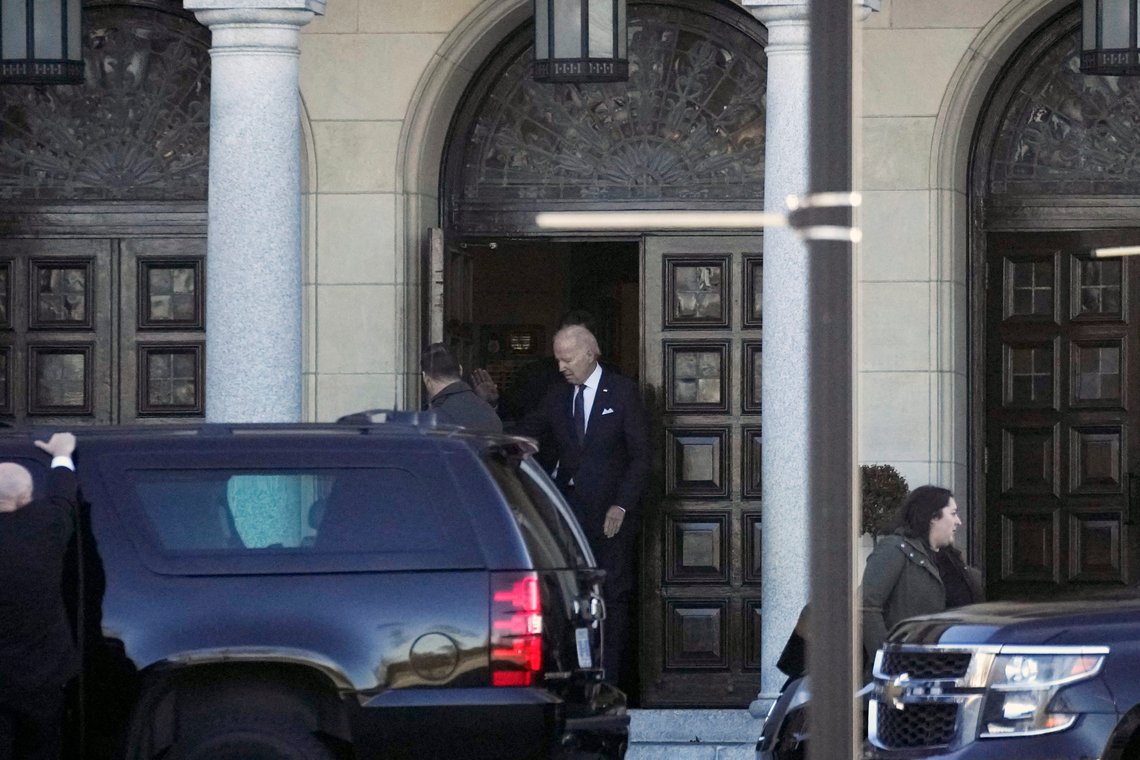 President Joe Biden exits St. Elizabeth Roman Catholic Church after paying respects during a viewing for the late Reverend Monsignor J. Thomas Cini in Wilmington, Del., Monday, Jan. 16, 2023. (AP Photo/Carolyn Kaster) President Joe Biden exits St. Elizabeth Roman Catholic Church after paying respects during a viewing for the late Reverend Monsignor J. Thomas Cini in Wilmington, Del., Monday, Jan. 16, 2023. (AP Photo/Carolyn Kaster)