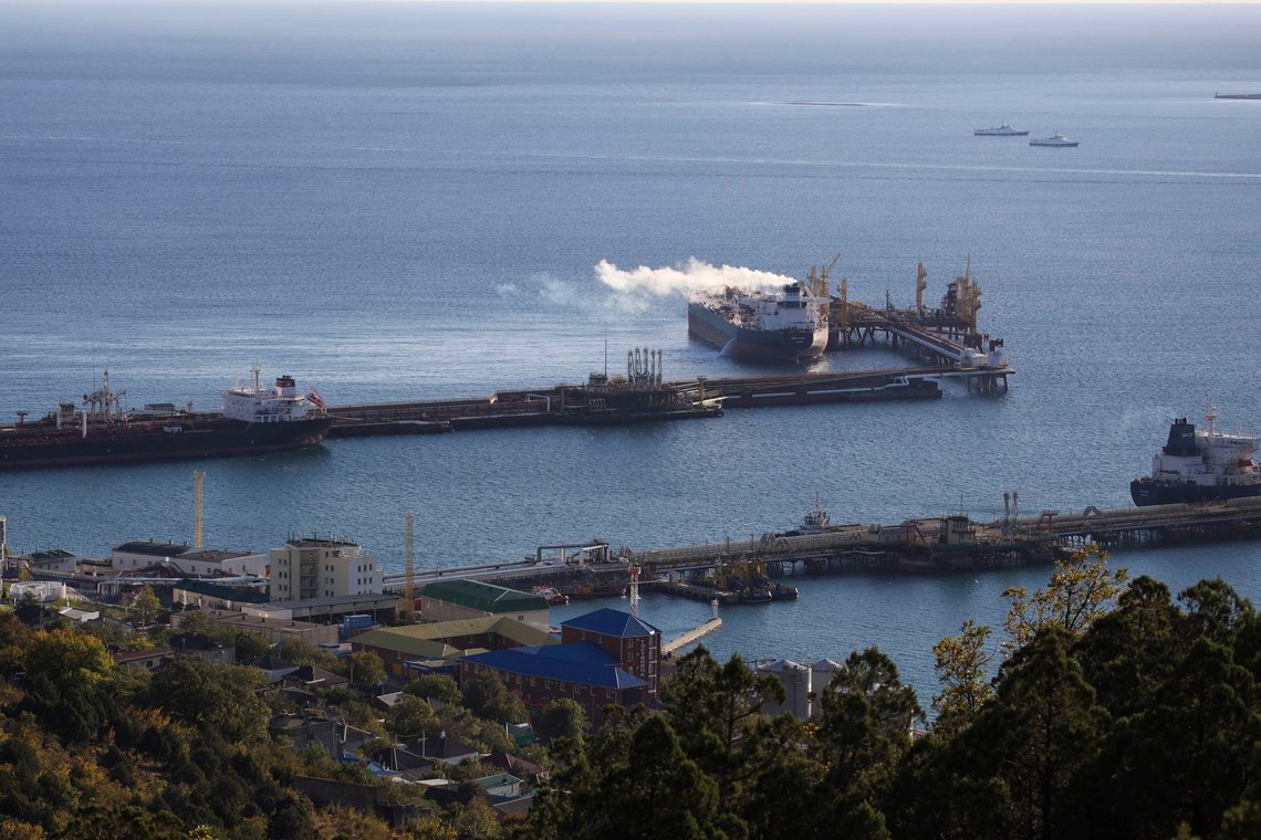 FILE - Oil tankers are moored at the Sheskharis complex, part of Chernomortransneft JSC, a subsidiary of Transneft PJSC, the largest facilities for oil and petroleum products in southern Russia, in Novorossiysk, Tuesday, Oct. 11, 2022. Russia's still making plenty of money from oil sales despite a price cap imposed by the Group of Seven major democracies. Researchers at Helsinki's Centre for Research on Energy and Clean Air said in report Wednesday Jan. 11, 2023 that the cap is too lenient at $60 per barrel. (AP Photo, File) FILE - Oil tankers are moored at the Sheskharis complex, part of Chernomortransneft JSC, a subsidiary of Transneft PJSC, the largest facilities for oil and petroleum products in southern Russia, in Novorossiysk, Tuesday, Oct. 11, 2022. Russia's still making plenty of money from oil sales despite a price cap imposed by the Group of Seven major democracies. Researchers at Helsinki's Centre for Research on Energy and Clean Air said in report Wednesday Jan. 11, 2023 that the cap is too lenient at $60 per barrel. (AP Photo, File)