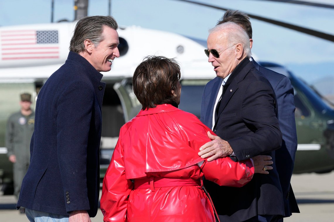 President Joe Biden greets Rep. Anna Eshoo, D-Calif., and California Gov. Gavin Newsom, left, after arriving on Air Force One at Moffett Federal Airfield in Mountain View, Calif., Thursday, Jan 19, 2023. (AP Photo/Susan Walsh) President Joe Biden greets Rep. Anna Eshoo, D-Calif., and California Gov. Gavin Newsom, left, after arriving on Air Force One at Moffett Federal Airfield in Mountain View, Calif., Thursday, Jan 19, 2023. (AP Photo/Susan Walsh)