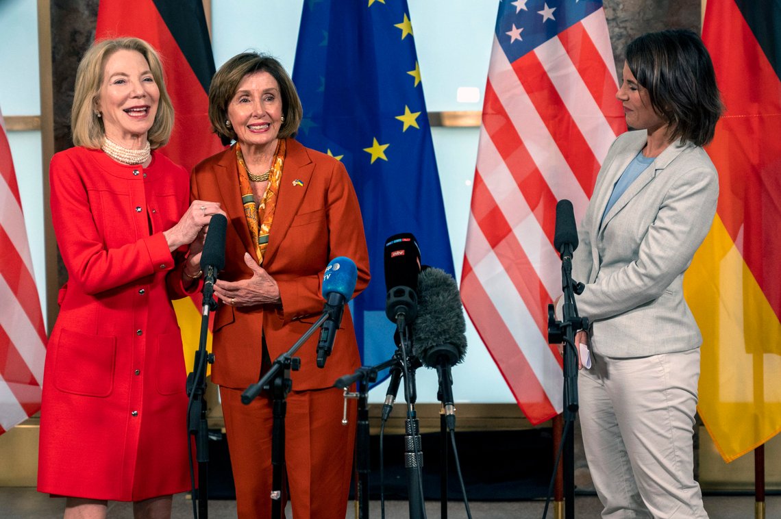 Speaker of the U.S. House of Representatives Nancy Pelosi, centre, U.S. Ambassador to Germany Amy Gutmann, left, and Germany's Foreign Minister Annalena Baerbock attend a press conference before before joint talks at the Federal Foreign Office in Berlin, Germany, Friday Sept. 16, 2022. (Christophe Gateau/dpa via AP) Speaker of the U.S. House of Representatives Nancy Pelosi, centre, U.S. Ambassador to Germany Amy Gutmann, left, and Germany's Foreign Minister Annalena Baerbock attend a press conference before before joint talks at the Federal Foreign Office in Berlin, Germany, Friday Sept. 16, 2022. (Christophe Gateau/dpa via AP)
