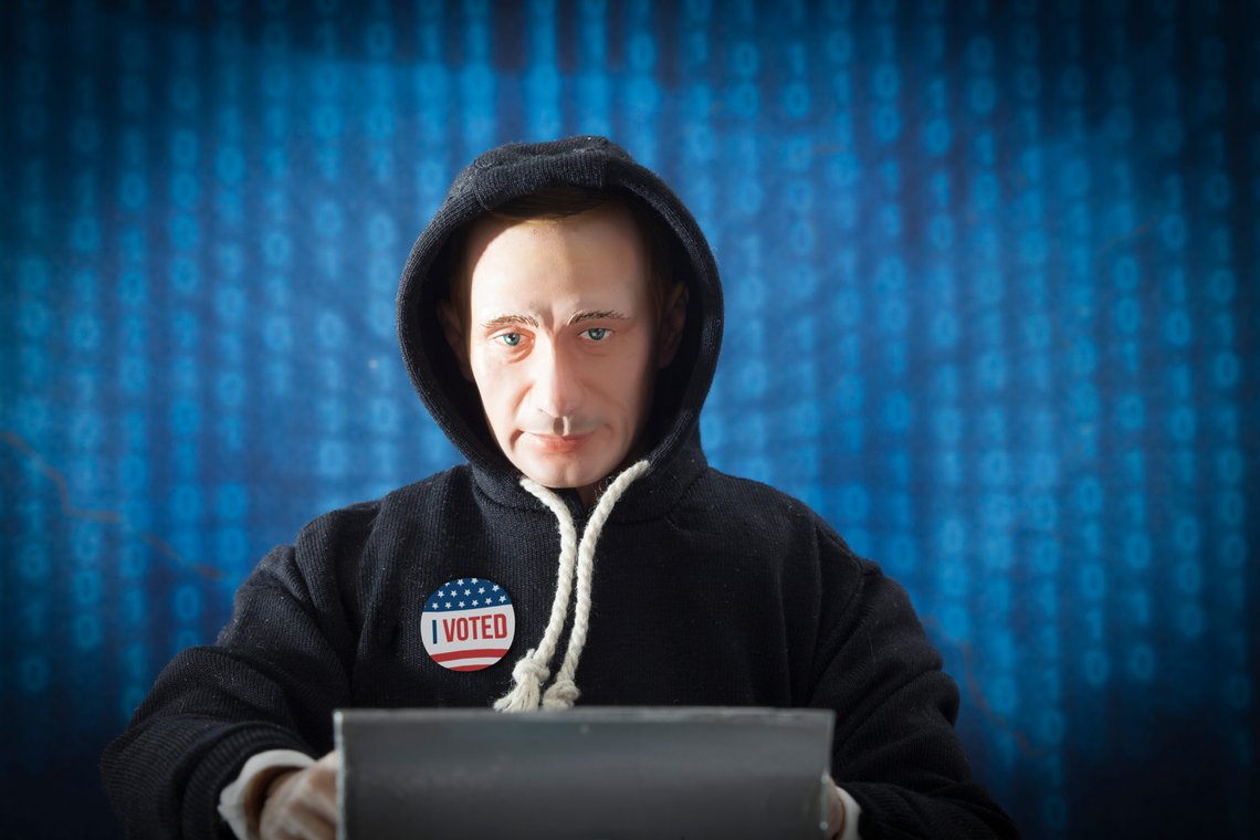 MARCH 21 2018: Caricature of Russian President Vladimir Putin in an election hacking concept. Photo: Shutterstock, Willrow Hood, USA MARCH 21 2018: Caricature of Russian President Vladimir Putin in an election hacking concept. Photo: Shutterstock, Willrow Hood, USA