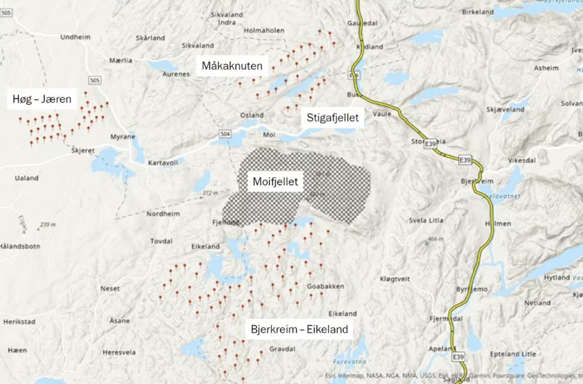 De røde prikkene viser tenkte vindturbiner. Et av Rogalands vakreste områder skal raseres på grunn av klima. Grunneierne håver inn, og virker fornøyde med utviklingen. Skjermdump Statskraft De røde prikkene viser tenkte vindturbiner. Et av Rogalands vakreste områder skal raseres på grunn av klima. Grunneierne håver inn, og virker fornøyde med utviklingen. Skjermdump Statskraft