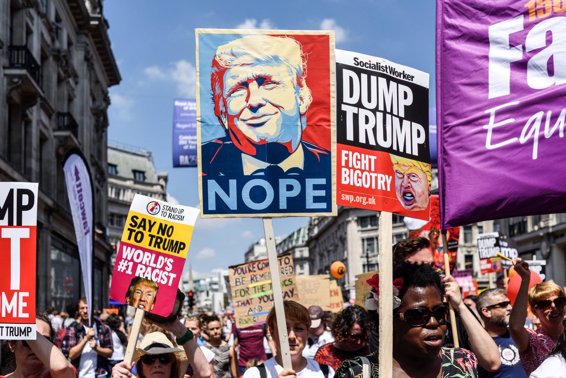 London,UK: July 13th 2018:Thousands of anti-Donald Trump protesters descended on central London in the summer heat.The president of America is on his first visit to the UK.. Photo: Shutterstock, Ian Francis, United Kingom. London,UK: July 13th 2018:Thousands of anti-Donald Trump protesters descended on central London in the summer heat.The president of America is on his first visit to the UK.. Photo: Shutterstock, Ian Francis, United Kingom.