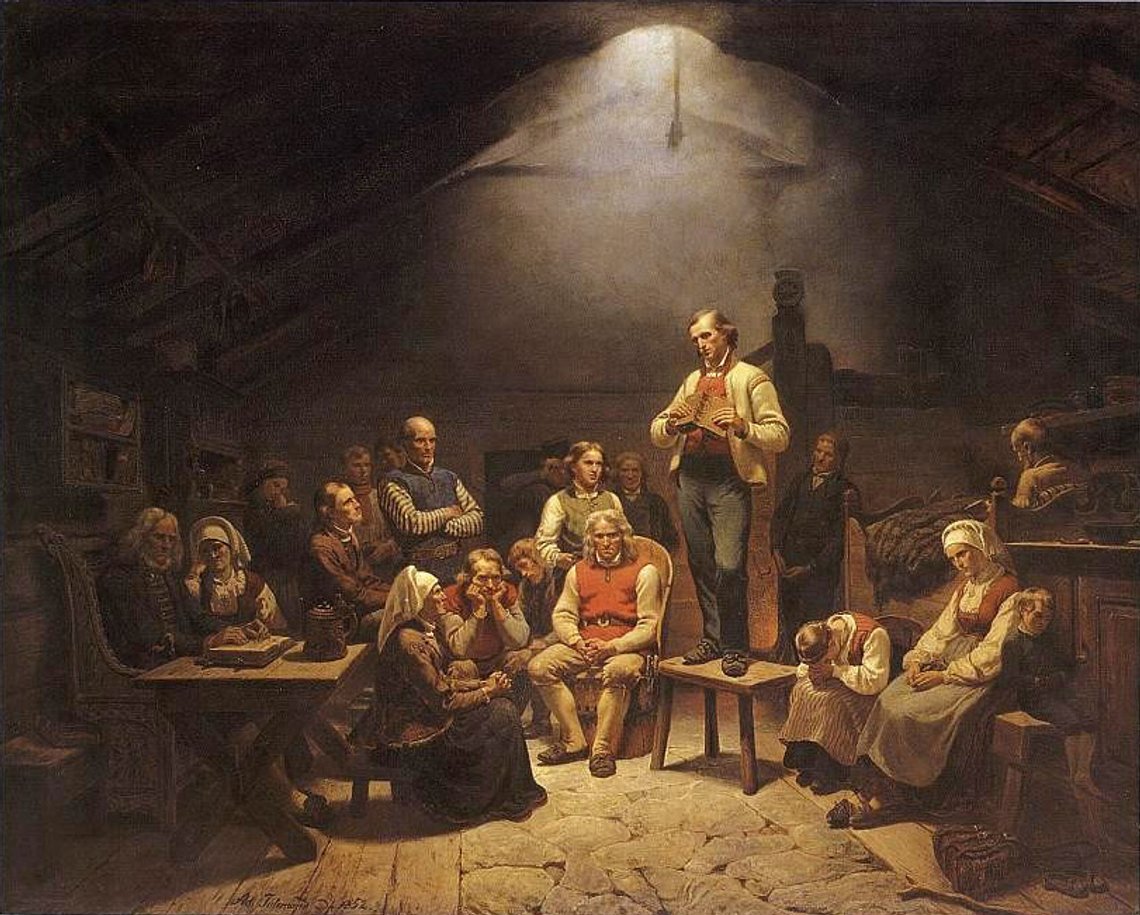 Adolph Tidemands berømte motiv «Haugianerne» fra 1848 viser en lekpredikant tilknyttet haugianerbevegelsen, en norsk kristen vekkelsesbevegelse på begynnelsen av 1800-tallet. Foto: Digitalt museum Adolph Tidemands berømte motiv «Haugianerne» fra 1848 viser en lekpredikant tilknyttet haugianerbevegelsen, en norsk kristen vekkelsesbevegelse på begynnelsen av 1800-tallet. Foto: Digitalt museum