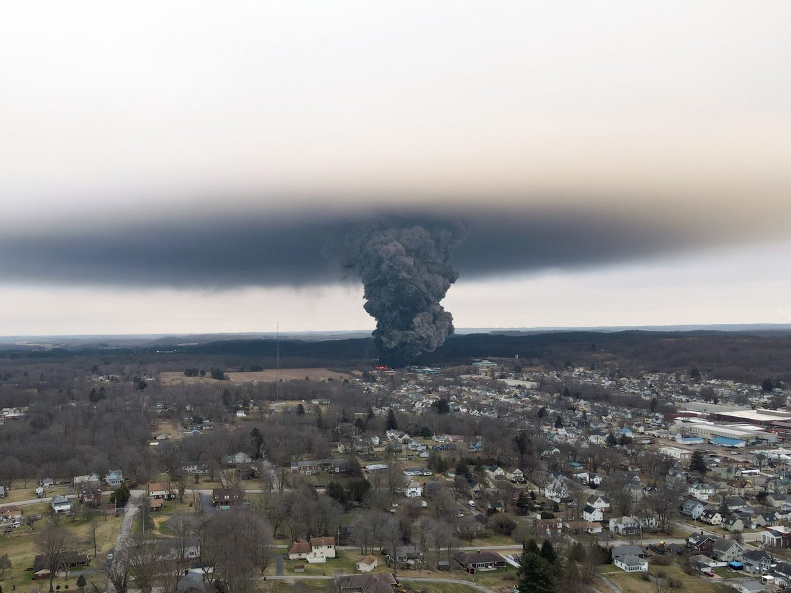 EAST PALESTINE, OH - Circa Feb 2023 - An aerial view of a mushroom cloud after authorities performed a controlled release of chemicals after a massive train derailment. Photo Credit: RJ Bobin.. Shutterstock: Orlowski Designs LLC, United States EAST PALESTINE, OH - Circa Feb 2023 - An aerial view of a mushroom cloud after authorities performed a controlled release of chemicals after a massive train derailment. Photo Credit: RJ Bobin.. Shutterstock: Orlowski Designs LLC, United States