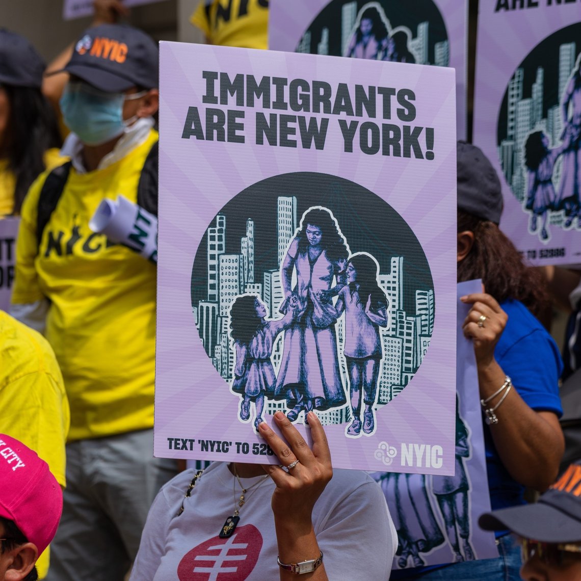 New York City, NY USA August 26, 2022. NY Immigration Coalition held a press conference at City Hall demanding the city do more to help asylum seekers arriving in NYC. Photo: Shutterstock, Steve Sanchez Photos, USA. New York City, NY USA August 26, 2022. NY Immigration Coalition held a press conference at City Hall demanding the city do more to help asylum seekers arriving in NYC. Photo: Shutterstock, Steve Sanchez Photos, USA.