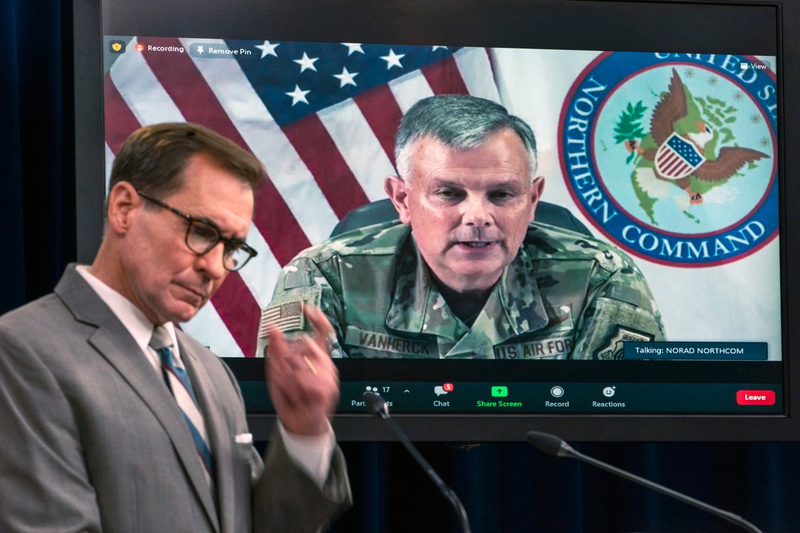 Air Force Gen. Glen VanHerck, Commander, U.S. Northern Command and North American Aerospace Defense Command in Colorado Springs, Colo., appears on a screen as he speaks about the situation in Afghanistan and evacuation of Afghans, during a virtual briefing moderated by Pentagon spokesman John Kirby at the Pentagon in Washington, Friday, Aug. 27, 2021. (AP Photo/Manuel Balce Ceneta) Air Force Gen. Glen VanHerck, Commander, U.S. Northern Command and North American Aerospace Defense Command in Colorado Springs, Colo., appears on a screen as he speaks about the situation in Afghanistan and evacuation of Afghans, during a virtual briefing moderated by Pentagon spokesman John Kirby at the Pentagon in Washington, Friday, Aug. 27, 2021. (AP Photo/Manuel Balce Ceneta)