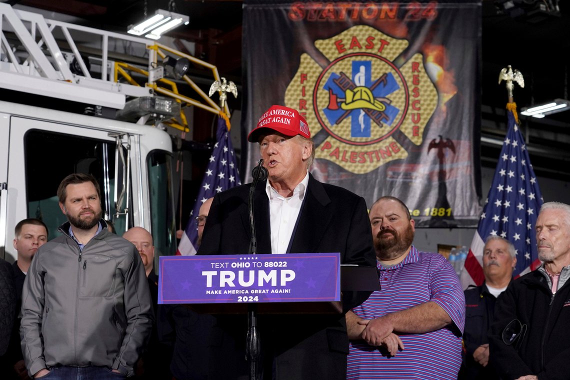 Former President Donald Trump speaks at the East Palestine Fire Department as he visits the area in the aftermath of the Norfolk Southern train derailment Feb. 3 in East Palestine, Ohio, Wednesday, Feb. 22, 2023. (AP Photo/Matt Freed) Former President Donald Trump speaks at the East Palestine Fire Department as he visits the area in the aftermath of the Norfolk Southern train derailment Feb. 3 in East Palestine, Ohio, Wednesday, Feb. 22, 2023. (AP Photo/Matt Freed)
