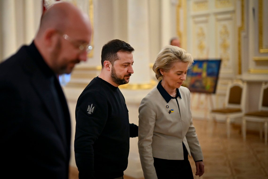 Ukrainian President Volodymyr Zelenskyy, center, welcomes European Commission President Ursula von der Leyen, right, and European Council President Charles Michel, during the EU-Ukraine summit in Kyiv, Ukraine, Friday, Feb. 3, 2023. (Ukrainian Presidential Press Office via AP) Ukrainian President Volodymyr Zelenskyy, center, welcomes European Commission President Ursula von der Leyen, right, and European Council President Charles Michel, during the EU-Ukraine summit in Kyiv, Ukraine, Friday, Feb. 3, 2023. (Ukrainian Presidential Press Office via AP)