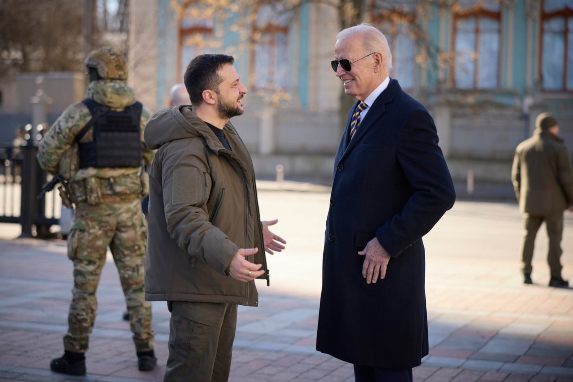 US President Joe Biden, right, and Ukrainian President Volodymyr Zelenskyy talk during an unannounced visit in Kyiv, Ukraine, Monday, Feb. 20, 2023. (Ukrainian Presidential Press Office via AP) US President Joe Biden, right, and Ukrainian President Volodymyr Zelenskyy talk during an unannounced visit in Kyiv, Ukraine, Monday, Feb. 20, 2023. (Ukrainian Presidential Press Office via AP)