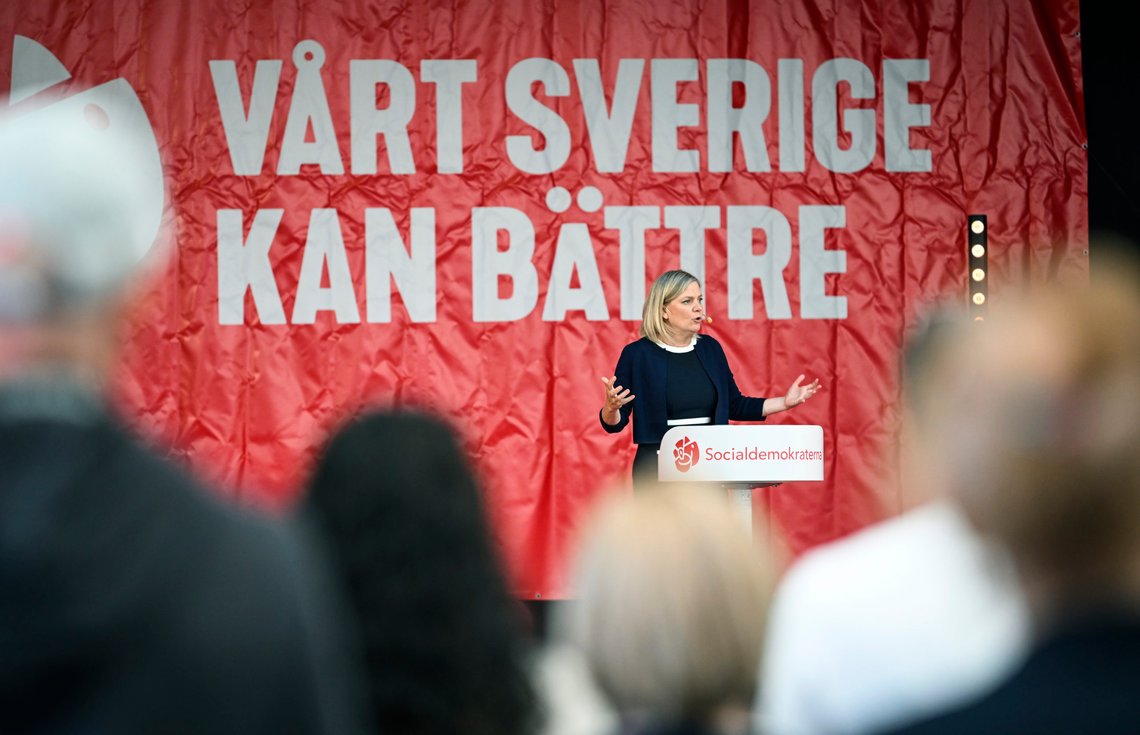 Sweden's Prime Minister Magdalena Andersson delivers a speech, at Hagelby park in Botkyrka, southern Stockholm, Sweden, Sunday Sept. 4, 2022. Andersson is campaigning in Norrtalje and Botkyrka on Sunday, ahead of the general elections on Sept 11. (Jessica Gow/TT News Agency via AP) Sweden's Prime Minister Magdalena Andersson delivers a speech, at Hagelby park in Botkyrka, southern Stockholm, Sweden, Sunday Sept. 4, 2022. Andersson is campaigning in Norrtalje and Botkyrka on Sunday, ahead of the general elections on Sept 11. (Jessica Gow/TT News Agency via AP)