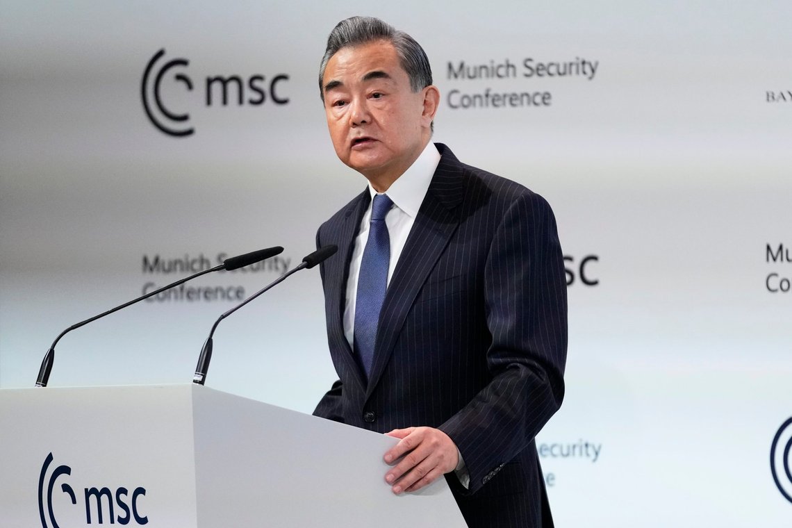 FILE - China's Director of the Office of the Central Foreign Affairs Commission Wang Yi speaks at the Munich Security Conference at the Bayerischer Hof Hotel in Munich, on Feb. 18, 2023. Russian President Vladimir Putin could meet with the Chinese Communist Party's foreign policy chief in Moscow, the Kremlin said Monday, Feb. 20, 2023. (AP Photo/Petr David Josek, File) FILE - China's Director of the Office of the Central Foreign Affairs Commission Wang Yi speaks at the Munich Security Conference at the Bayerischer Hof Hotel in Munich, on Feb. 18, 2023. Russian President Vladimir Putin could meet with the Chinese Communist Party's foreign policy chief in Moscow, the Kremlin said Monday, Feb. 20, 2023. (AP Photo/Petr David Josek, File)