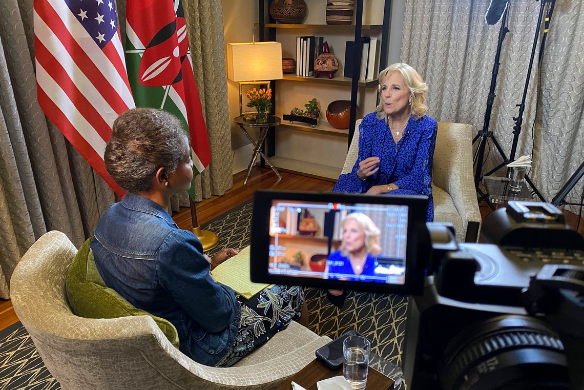 First Lady of the United States Jill Biden speaks during an interview with Associated Press White House reporter Darlene Superville in Nairobi, Kenya, Friday, Feb. 24, 2023. Biden told The Associated Press in the exclusive interview that she feels a kinship with Africa during her sixth visit to the continent. She says she wants to support nations fighting for democracy — "just like I feel we're doing in the United States." (AP Photo/Brian Inganga) First Lady of the United States Jill Biden speaks during an interview with Associated Press White House reporter Darlene Superville in Nairobi, Kenya, Friday, Feb. 24, 2023. Biden told The Associated Press in the exclusive interview that she feels a kinship with Africa during her sixth visit to the continent. She says she wants to support nations fighting for democracy — "just like I feel we're doing in the United States." (AP Photo/Brian Inganga)
