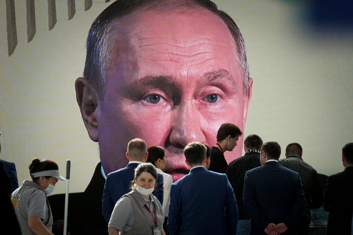 Participants watch Russian President Vladimir Putin addressing a plenary session of the St. Petersburg International Economic Forum in St.Petersburg, Russia, Friday, June 17, 2022. (AP Photo, File) Participants watch Russian President Vladimir Putin addressing a plenary session of the St. Petersburg International Economic Forum in St.Petersburg, Russia, Friday, June 17, 2022. (AP Photo, File)