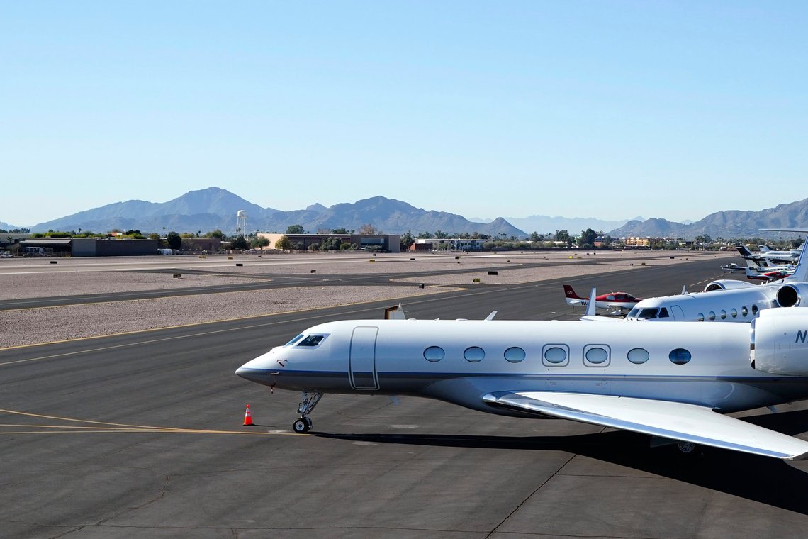 Private planes sit parked on the tarmac as the Scottsdale Airport gets ready for the expected to increase in private plane traffic leading up to the NFL Super Bowl LVII football game in Scottsdale, Ariz., Thursday, Feb. 2, 2023. (AP Photo/Ross D. Franklin) Private planes sit parked on the tarmac as the Scottsdale Airport gets ready for the expected to increase in private plane traffic leading up to the NFL Super Bowl LVII football game in Scottsdale, Ariz., Thursday, Feb. 2, 2023. (AP Photo/Ross D. Franklin)