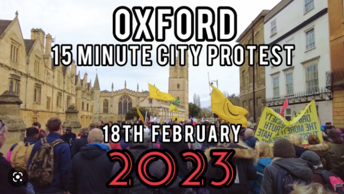 Innbyggere i Oxford demonstrerte mot 15-minuttersbyen. Skjermdump YouTube Innbyggere i Oxford demonstrerte mot 15-minuttersbyen. Skjermdump YouTube
