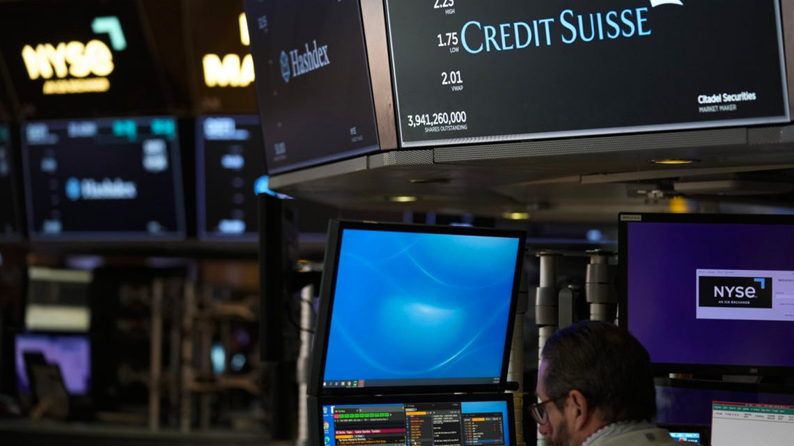 A sign displays the name of Credit Suisse on the floor at the New York Stock Exchange in New York, Wednesday, March 15, 2023. (AP Photo/Seth Wenig) A sign displays the name of Credit Suisse on the floor at the New York Stock Exchange in New York, Wednesday, March 15, 2023. (AP Photo/Seth Wenig)