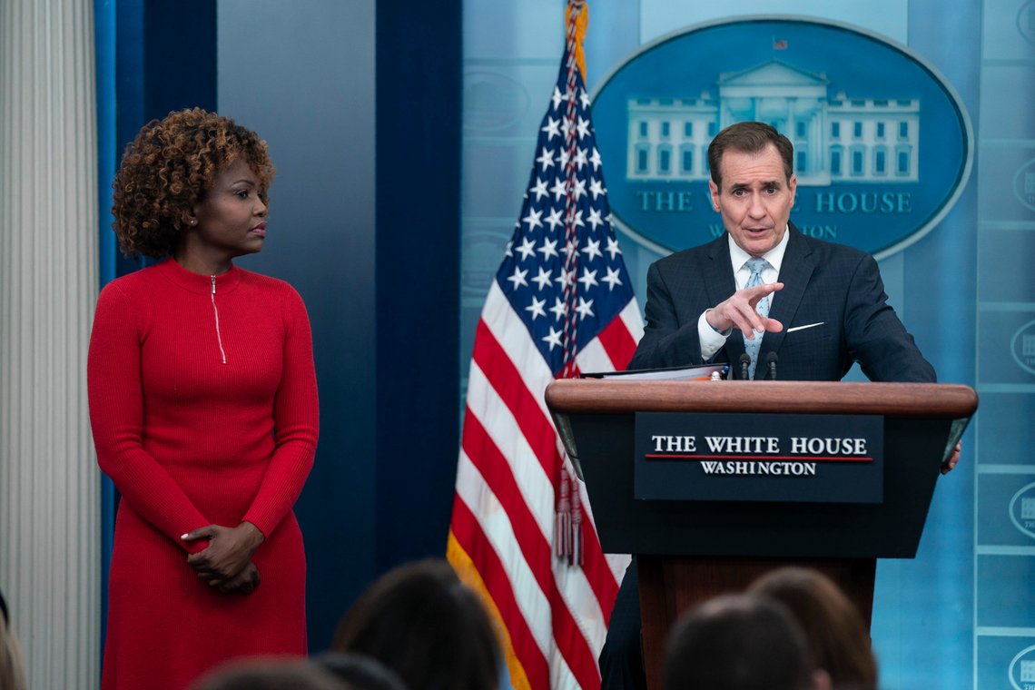 White House press secretary Karine Jean-Pierre listens as National Security Council spokesman John Kirby speaks during a press briefing at the White House, Monday, Feb. 13, 2023, in Washington. (AP Photo/Evan Vucci) White House press secretary Karine Jean-Pierre listens as National Security Council spokesman John Kirby speaks during a press briefing at the White House, Monday, Feb. 13, 2023, in Washington. (AP Photo/Evan Vucci)