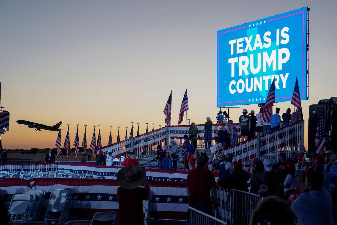 Supporters of former President Donald Trump watch his plane takeoff after a campaign rally at Waco Regional Airport Saturday, March 25, 2023, in Waco, Texas. (AP Photo/Nathan Howard) Supporters of former President Donald Trump watch his plane takeoff after a campaign rally at Waco Regional Airport Saturday, March 25, 2023, in Waco, Texas. (AP Photo/Nathan Howard)