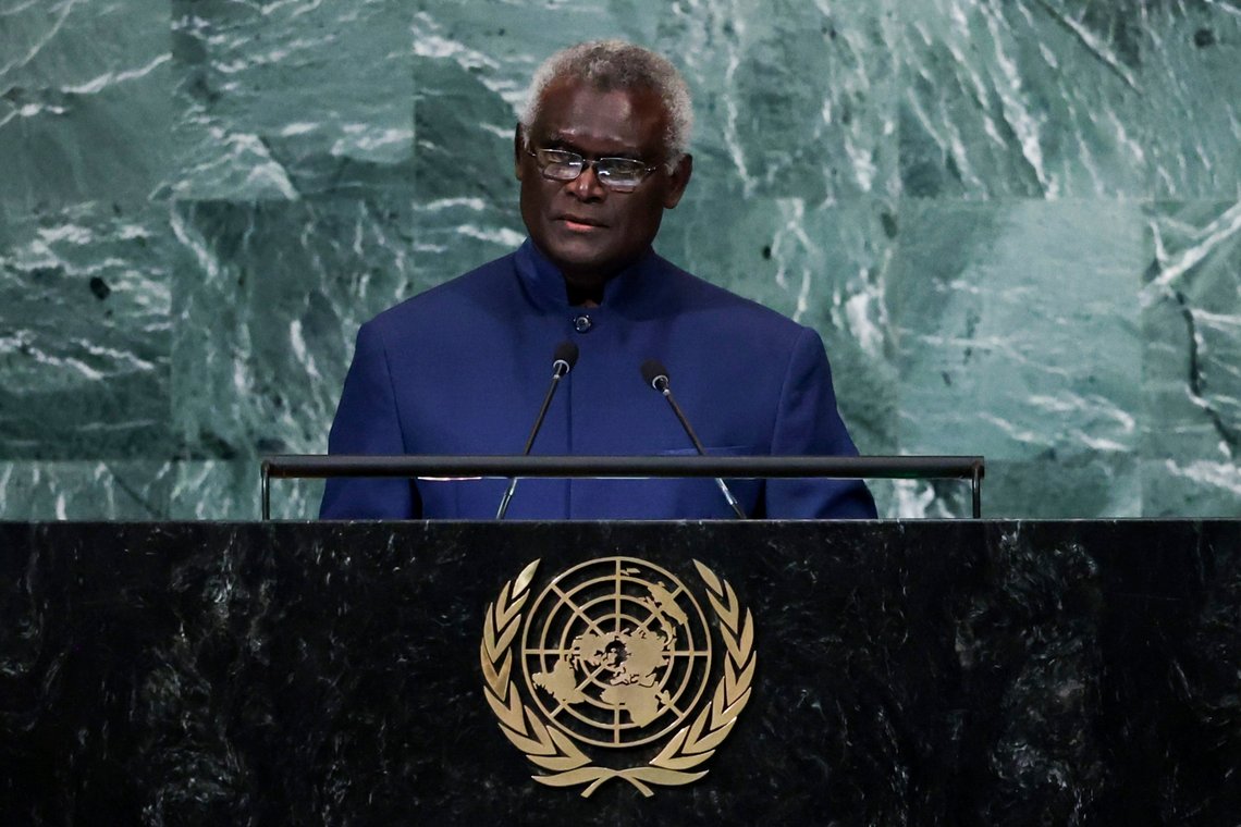 Prime Minister of the Solomon Islands Manasseh Sogavare addresses the 77th session of the United Nations General Assembly, Friday, Sept. 23, 2022, at the U.N. headquarters. (AP Photo/Julia Nikhinson) Prime Minister of the Solomon Islands Manasseh Sogavare addresses the 77th session of the United Nations General Assembly, Friday, Sept. 23, 2022, at the U.N. headquarters. (AP Photo/Julia Nikhinson)