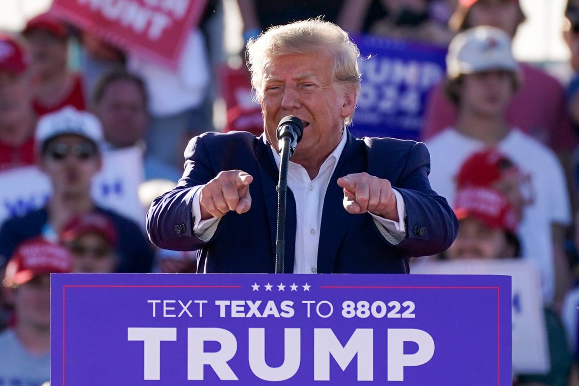 Former President Donald Trump speaks at a campaign rally at Waco Regional Airport Saturday, March 25, 2023, in Waco, Texas. (AP Photo/Nathan Howard) Former President Donald Trump speaks at a campaign rally at Waco Regional Airport Saturday, March 25, 2023, in Waco, Texas. (AP Photo/Nathan Howard)