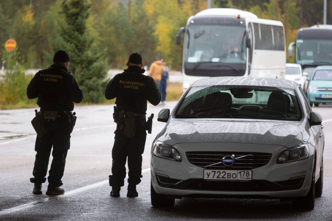 Finnish border guards on patrol, at the Vaalimaa border check point between Finland and Russia in Virolahti, Finland, Friday, Sept. 30, 2022. The Finnish-Russia border was closed Friday after the Nordic country announced it would ban Russians with tourist visas from entering, curtailing one of the last easily accessible routes to Europe for Russians trying to flee a military mobilization. Long queues were reported until midnight and among the last to enter Finland were two cyclists who arrived a little before 11 p.m., Finnish broadcaster YLE reported. (Sasu Makinen./Lehtikuva via AP) Finnish border guards on patrol, at the Vaalimaa border check point between Finland and Russia in Virolahti, Finland, Friday, Sept. 30, 2022. The Finnish-Russia border was closed Friday after the Nordic country announced it would ban Russians with tourist visas from entering, curtailing one of the last easily accessible routes to Europe for Russians trying to flee a military mobilization. Long queues were reported until midnight and among the last to enter Finland were two cyclists who arrived a little before 11 p.m., Finnish broadcaster YLE reported. (Sasu Makinen./Lehtikuva via AP)