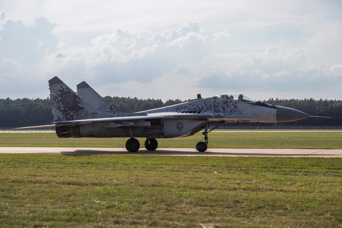 FILE - A view of a MIG-29 fighter jet, at the 11th SIAF International Aviation Day at the Malacky-Kuchyna Air Base, in Kuchyna, Slovakia, Saturday, Aug. 27, 2022. Slovakia’s government has approved a plan to give Ukraine its fleet of Soviet-era MiG-29 fighter jets. Prime Minister Eduard Heger announced the unanimous decision of his government on Friday, March 17, 2023. (Jaroslav Novak/TASR via AP, File) FILE - A view of a MIG-29 fighter jet, at the 11th SIAF International Aviation Day at the Malacky-Kuchyna Air Base, in Kuchyna, Slovakia, Saturday, Aug. 27, 2022. Slovakia’s government has approved a plan to give Ukraine its fleet of Soviet-era MiG-29 fighter jets. Prime Minister Eduard Heger announced the unanimous decision of his government on Friday, March 17, 2023. (Jaroslav Novak/TASR via AP, File)