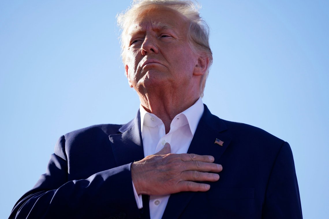 Former President Donald Trump stands for the national anthem during a campaign rally at Waco Regional Airport, Saturday, March 25, 2023, in Waco, Texas. (AP Photo/Evan Vucci) Former President Donald Trump stands for the national anthem during a campaign rally at Waco Regional Airport, Saturday, March 25, 2023, in Waco, Texas. (AP Photo/Evan Vucci)
