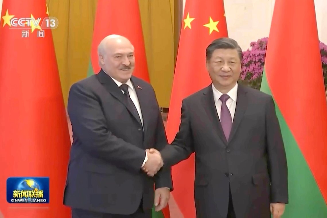 In this image taken from video footage run by China's CCTV, Belarusian President Alexander Lukashenko, left, shakes hands with Chinese President Xi Jinping during a welcome ceremony held at the Great Hall of the People, in Beijing, on Wednesday, March 1, 2023. The presidents of China and Belarus joined Wednesday in urging a cease-fire and negotiations to bring about a political settlement to the Ukraine conflict. (CCTV via AP) In this image taken from video footage run by China's CCTV, Belarusian President Alexander Lukashenko, left, shakes hands with Chinese President Xi Jinping during a welcome ceremony held at the Great Hall of the People, in Beijing, on Wednesday, March 1, 2023. The presidents of China and Belarus joined Wednesday in urging a cease-fire and negotiations to bring about a political settlement to the Ukraine conflict. (CCTV via AP)