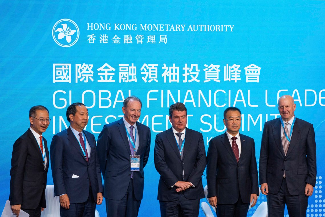From left; Chief Executive of the Hong Kong Monetary Authority Eddie Yue, CFO and Senior Managing Director of Blackstone Michael Chae, Chairman and CEO of Morgan Stanley James Gorman, Chairman of UBS Group AG Colm Kelleher, President of Bank of China Liu Jin, Chairman and CEO of Goldman Sachs David Solomon pose during the Global Financial Leaders' Investment Summit in Hong Kong, Wednesday, Nov. 2, 2022. Chinese regulators downplayed China's real estate slump and slowing economic growth while Hong Kong's top leader pitched Hong Kong as a unique link to the rest of China at a high-profile investment summit Wednesday. (AP Photo/Bertha Wang) From left; Chief Executive of the Hong Kong Monetary Authority Eddie Yue, CFO and Senior Managing Director of Blackstone Michael Chae, Chairman and CEO of Morgan Stanley James Gorman, Chairman of UBS Group AG Colm Kelleher, President of Bank of China Liu Jin, Chairman and CEO of Goldman Sachs David Solomon pose during the Global Financial Leaders' Investment Summit in Hong Kong, Wednesday, Nov. 2, 2022. Chinese regulators downplayed China's real estate slump and slowing economic growth while Hong Kong's top leader pitched Hong Kong as a unique link to the rest of China at a high-profile investment summit Wednesday. (AP Photo/Bertha Wang)