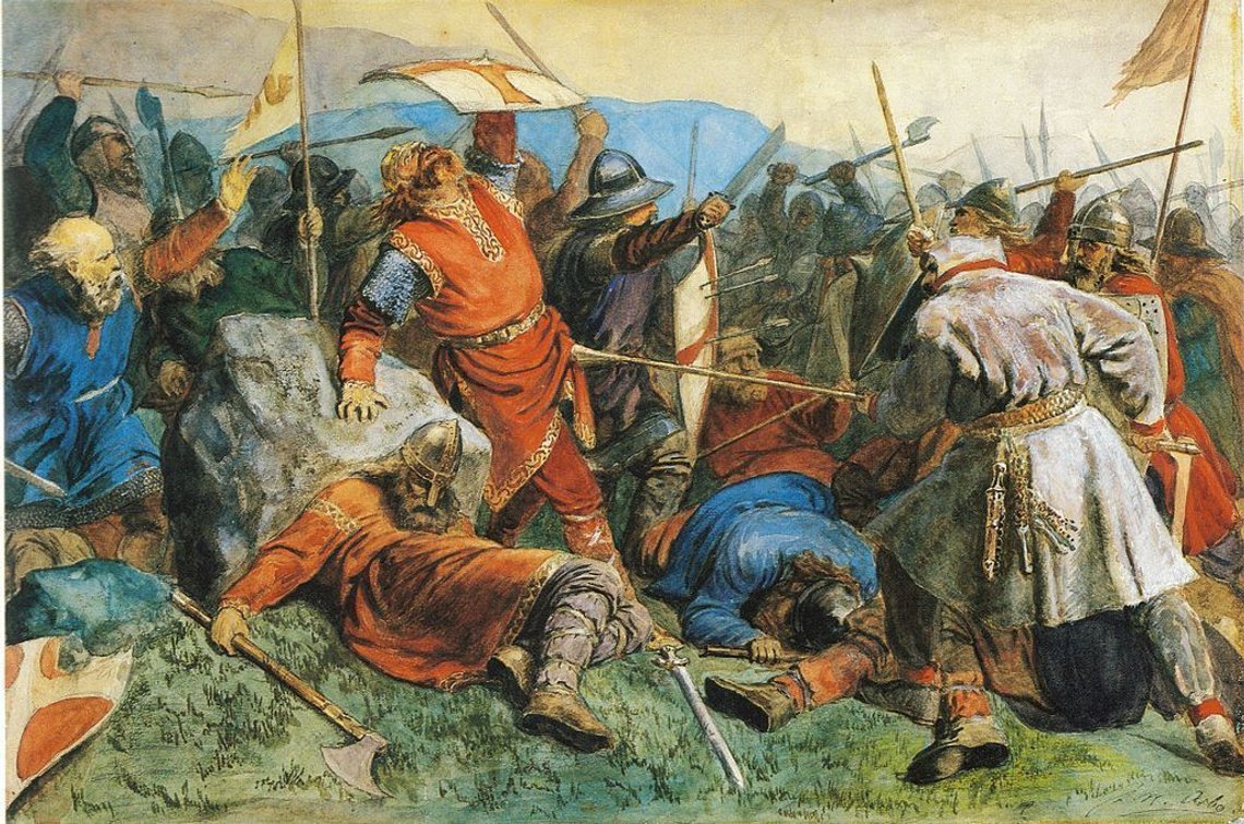 Muslimen Masud Gharahkhani fra Iran skal lede feiringen av Norges jubileum om 1000 år med kristendom. Slaget ved Stiklestad vurderes som avgjørende for at Norge ble et kristent land. Peter Nicolai Arbo; akvarell, ca. 1859. Muslimen Masud Gharahkhani fra Iran skal lede feiringen av Norges jubileum om 1000 år med kristendom. Slaget ved Stiklestad vurderes som avgjørende for at Norge ble et kristent land. Peter Nicolai Arbo; akvarell, ca. 1859.