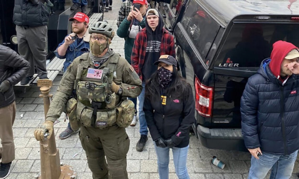 Oath Keepers member Jeremy Brown, a retired U.S. Army Green Beret, dressed in tactical gear at the U.S. Capitol on Jan. 6, 2021. Photo: U.S. Department of Justice. Oath Keepers member Jeremy Brown, a retired U.S. Army Green Beret, dressed in tactical gear at the U.S. Capitol on Jan. 6, 2021. Photo: U.S. Department of Justice.