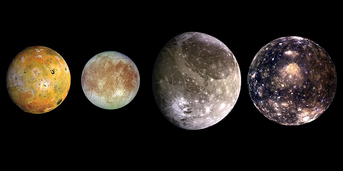 Jupiters fire største måner, Io, Europa, Ganymedes og Callisto, ble oppdaget i 1610 av Galileo Galilei. Den europeiske romsonden Juice skal undersøke tre av dem. Bilde fra Pixabay. Jupiters fire største måner, Io, Europa, Ganymedes og Callisto, ble oppdaget i 1610 av Galileo Galilei. Den europeiske romsonden Juice skal undersøke tre av dem. Bilde fra Pixabay.