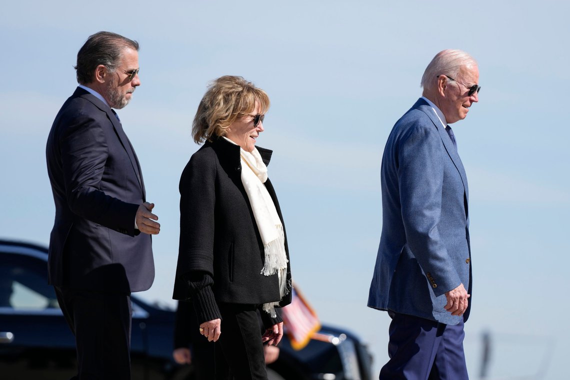 President Joe Biden walks to board Air Force One, Tuesday, April 11, 2023, with his son Hunter Biden, left, and sister Valerie Biden at Andrews Air Force Base, Md. Biden is traveling the United Kingdom and Ireland in part to help celebrate the 25th anniversary of the Good Friday Agreement. With Biden are his son Hunter Biden, left, and sister Valerie Biden(AP Photo/Patrick Semansky) President Joe Biden walks to board Air Force One, Tuesday, April 11, 2023, with his son Hunter Biden, left, and sister Valerie Biden at Andrews Air Force Base, Md. Biden is traveling the United Kingdom and Ireland in part to help celebrate the 25th anniversary of the Good Friday Agreement. With Biden are his son Hunter Biden, left, and sister Valerie Biden(AP Photo/Patrick Semansky)