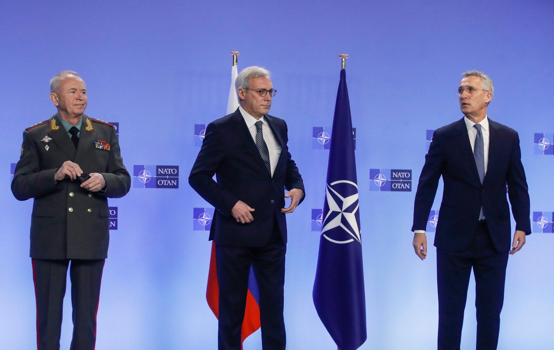 NATO Secretary General Jens Stoltenberg, right, welcomes Russia's Deputy Foreign Minister Alexander Grushko, center, and Russia's Deputy Defense Minister Alexander Fomin prior to the NATO-Russia Council at NATO headquarters, in Brussels, on Jan. 12, 2022. The failure of last week's high-stakes diplomatic meetings to resolve escalating tensions over Ukraine has put Russia, the United States and its European allies in uncharted post-Cold War territory. (Olivier Hoslet, Pool Photo via AP) NATO Secretary General Jens Stoltenberg, right, welcomes Russia's Deputy Foreign Minister Alexander Grushko, center, and Russia's Deputy Defense Minister Alexander Fomin prior to the NATO-Russia Council at NATO headquarters, in Brussels, on Jan. 12, 2022. The failure of last week's high-stakes diplomatic meetings to resolve escalating tensions over Ukraine has put Russia, the United States and its European allies in uncharted post-Cold War territory. (Olivier Hoslet, Pool Photo via AP)