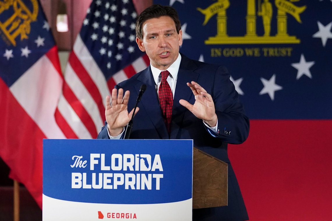 Florida Gov. Ron DeSantis speaks to a crowd at Adventure Outdoors gun store, Thursday, March 30, 2023, in Smyrna, Ga. AP Photo/John Bazemore) Florida Gov. Ron DeSantis speaks to a crowd at Adventure Outdoors gun store, Thursday, March 30, 2023, in Smyrna, Ga. AP Photo/John Bazemore)