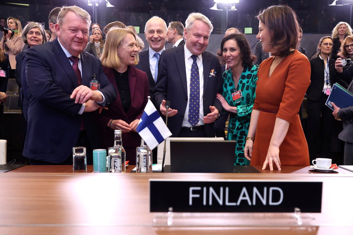 From left, Denmark's Foreign Minister Lars Lokke Rasmussen, Norway's Foreign Minister Anniken Huitfeldt, Finland's Foreign Minister Pekka Haavisto, Belgium's Foreign Minister Hadja Lahbib and Germany's Foreign Minister Annalena Baerbock speak as they attend the NATO-Ukraine Commission during a meeting of NATO foreign ministers at NATO headquarters in Brussels, Tuesday, April 4, 2023. (AP Photo/Geert Vanden Wijngaert) From left, Denmark's Foreign Minister Lars Lokke Rasmussen, Norway's Foreign Minister Anniken Huitfeldt, Finland's Foreign Minister Pekka Haavisto, Belgium's Foreign Minister Hadja Lahbib and Germany's Foreign Minister Annalena Baerbock speak as they attend the NATO-Ukraine Commission during a meeting of NATO foreign ministers at NATO headquarters in Brussels, Tuesday, April 4, 2023. (AP Photo/Geert Vanden Wijngaert)